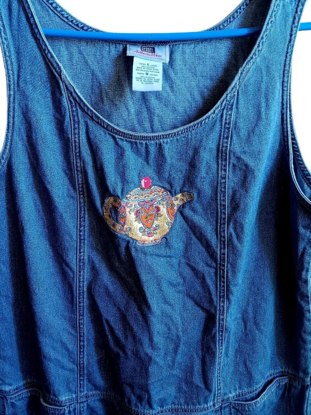 Large Faded Glory Denim Maxi Dress Teapot Embroidery Sleeveless 100% Cotton